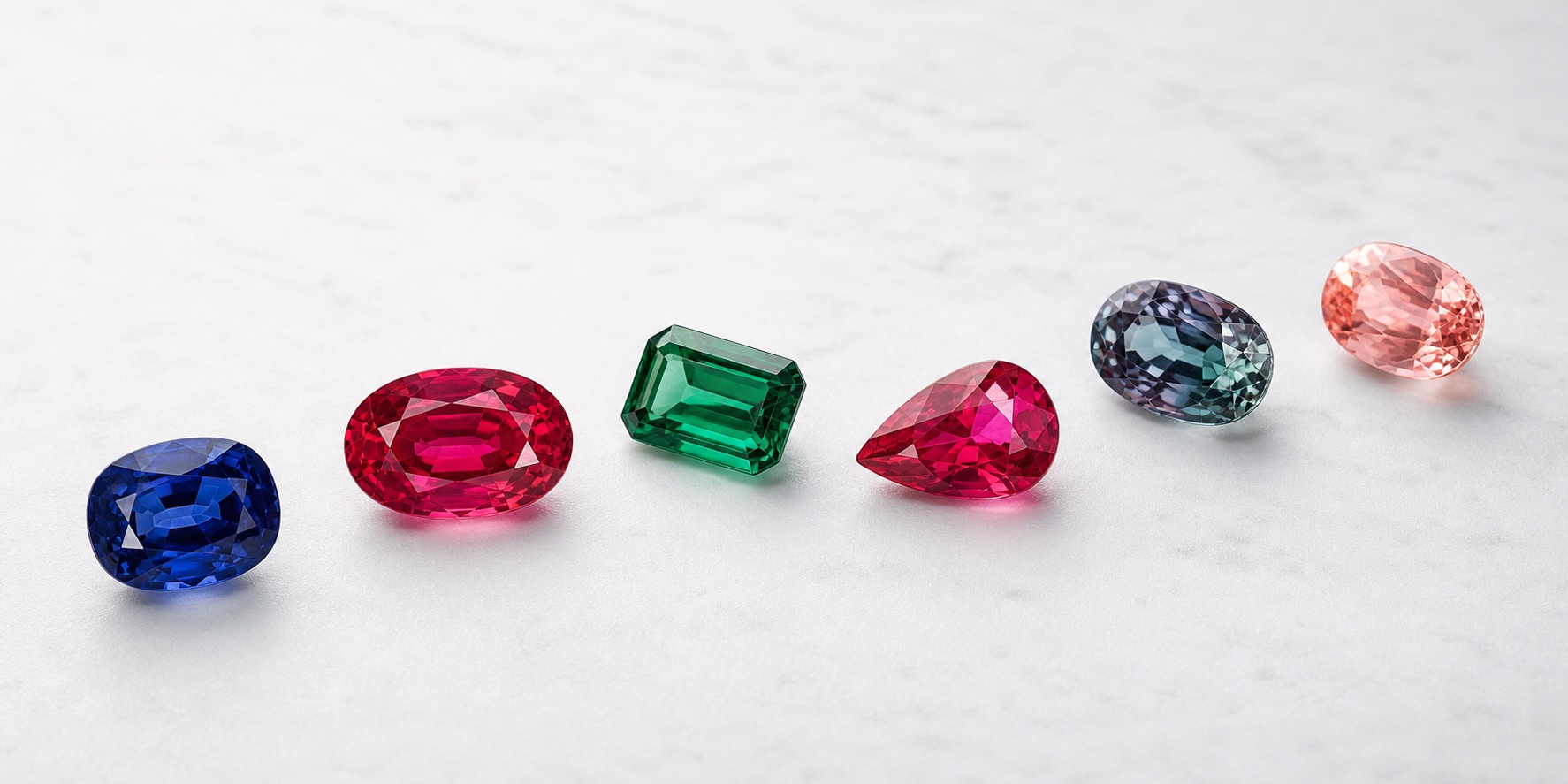 Fine gemstones arranged on a white surface